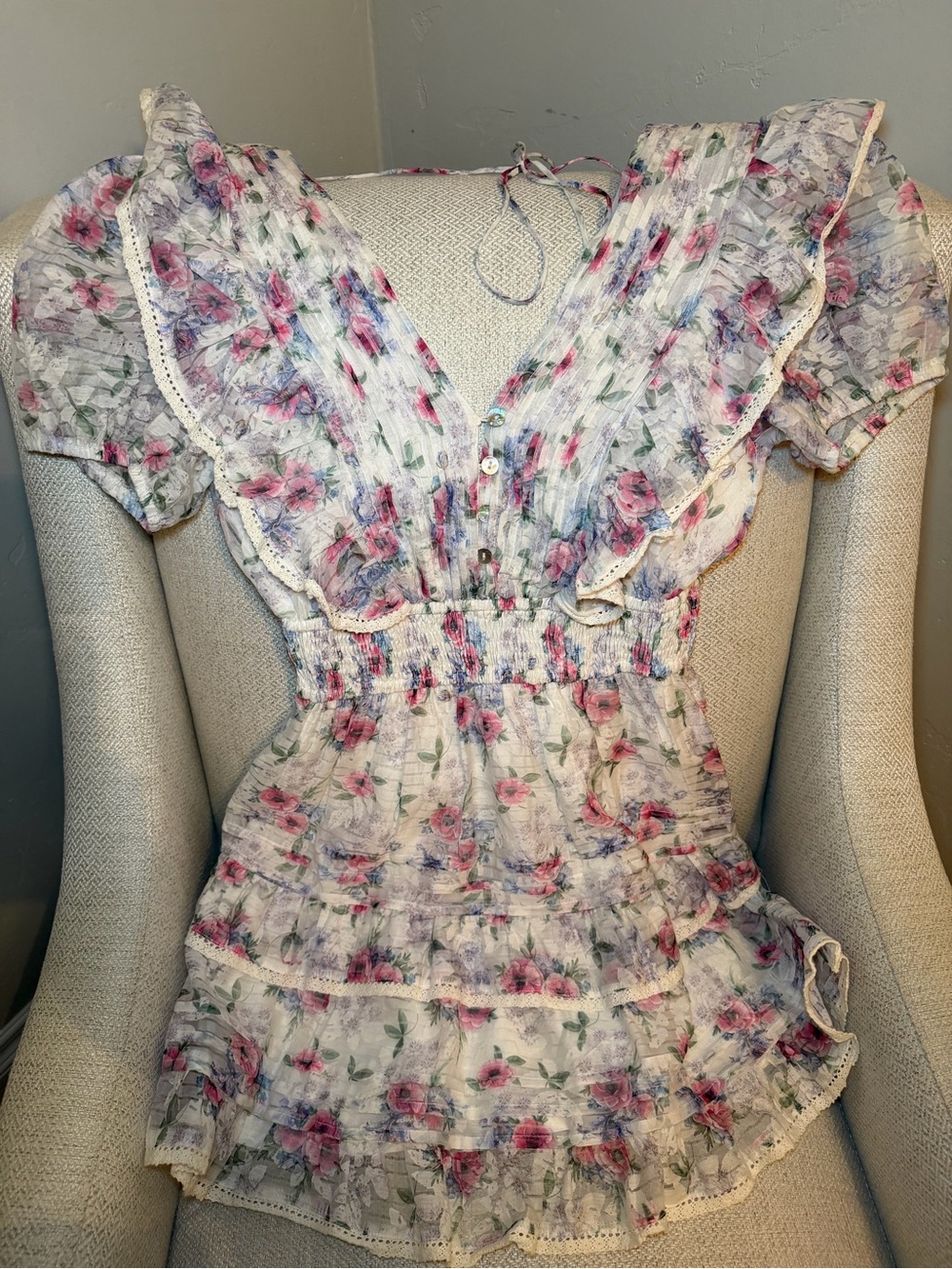 Floral Ruffled Smocked Waist Dress - Pink & Purple Floral - Picture 3 of 8
